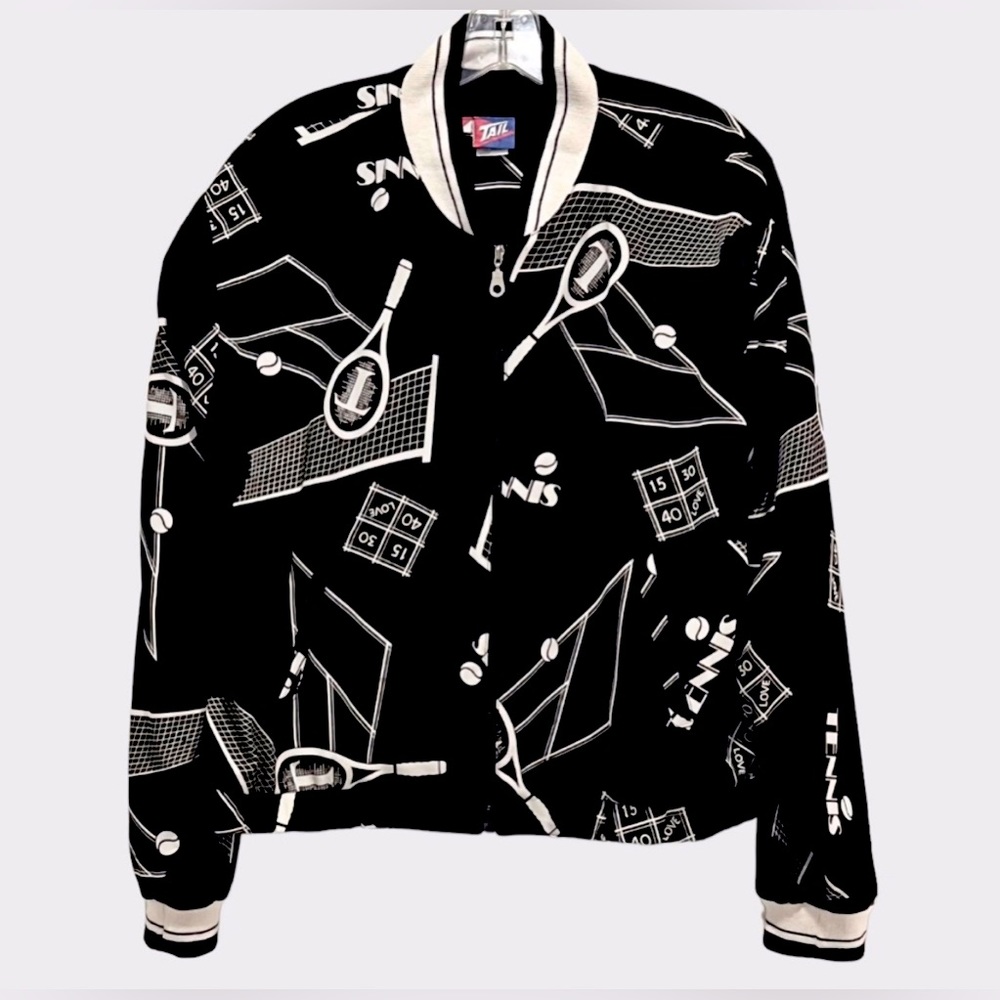 TAIL Vintage Black White Tennis Print Zip Front jacket 
size S